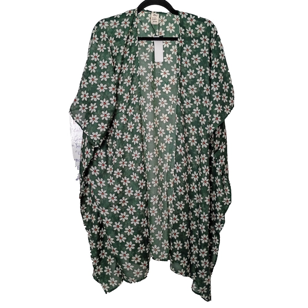 Raj Green Floral Sheer Kimono Cover Boho Lightweight OS Beach Green Open